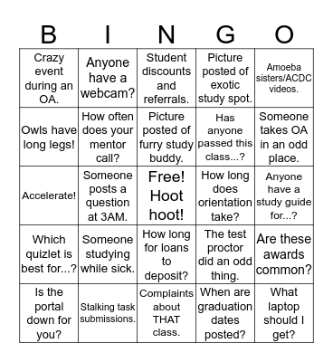 WGU Facebook Group Bingo Card