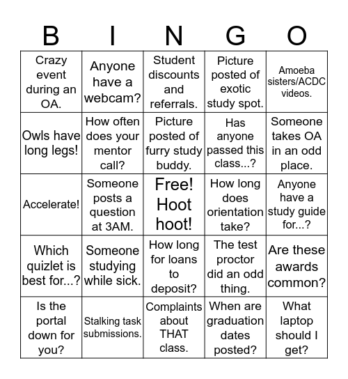 WGU Facebook Group Bingo Card