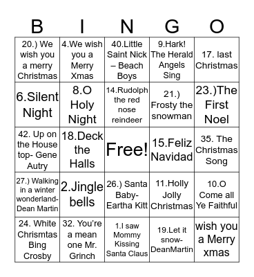 Music Bingo-CHRISTMAS SONGS Bingo Card