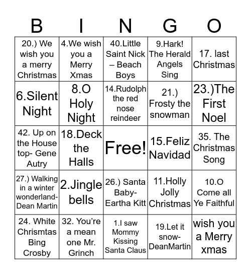 Music Bingo-CHRISTMAS SONGS Bingo Card