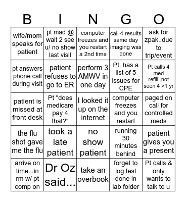 Medical Bingo Card