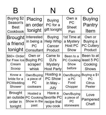 Pampered Chef Bingo Card