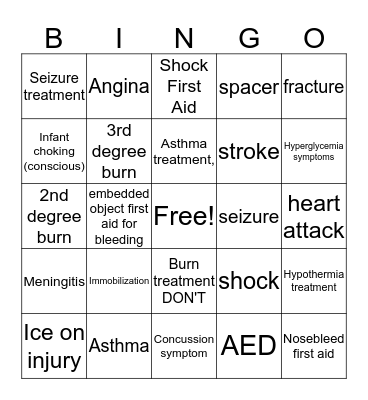 First Aid Bingo Card