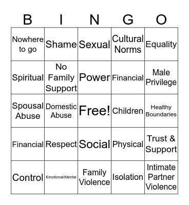 Domestic Violence Bingo Card