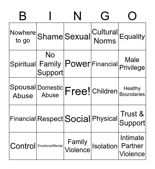 Domestic Violence Bingo Card