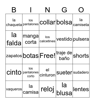 La ropa Bingo Card