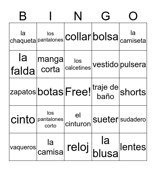 La ropa Bingo Card
