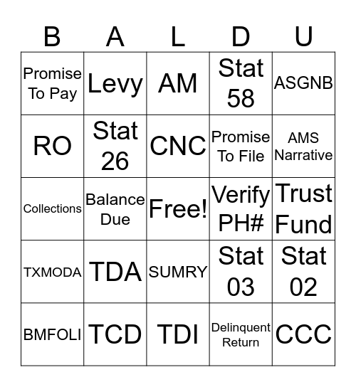 Balance Due New Hire Bingo Card