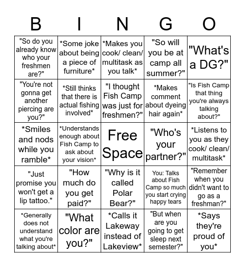 Telling Your Parents You're A Chair Bingo Card