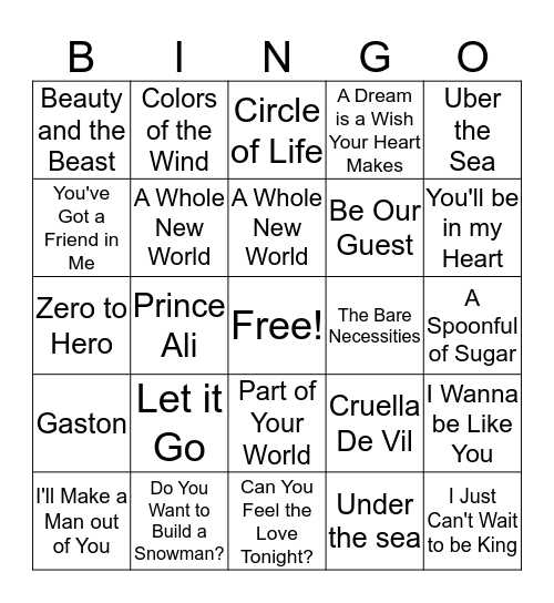 Disney Songs Bingo Card