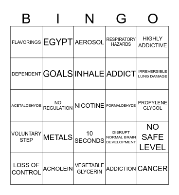 E-CIGARETTE/VAPING BINGO Card