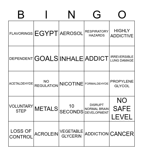 E-CIGARETTE/VAPING BINGO Card