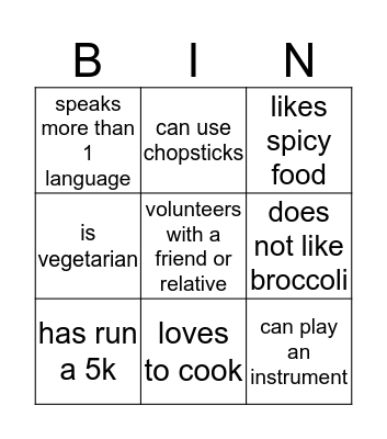 Good Food Bag Bingo Card