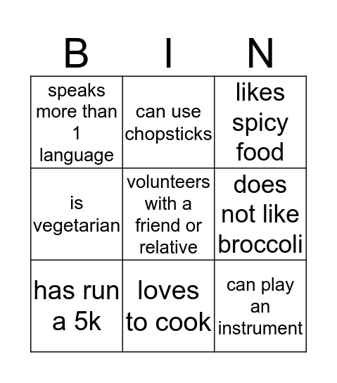 Good Food Bag Bingo Card