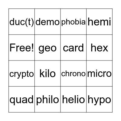 Word Parts Bingo Card