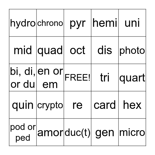 Word Parts Bingo Card