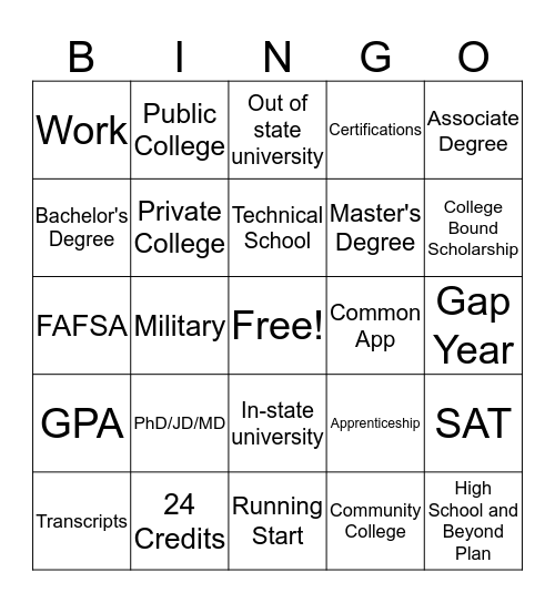 College Bound Scholarship Lesson Bingo Card