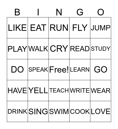 VERBS Bingo Card