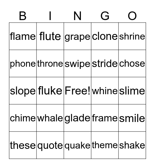 Silent e Bingo Card