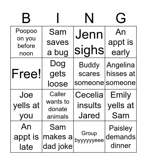 SPCA Bingo Card