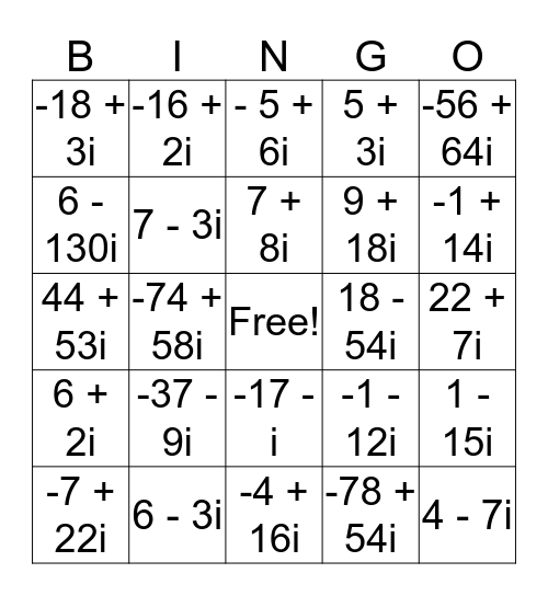 Complex Number Bingo Card