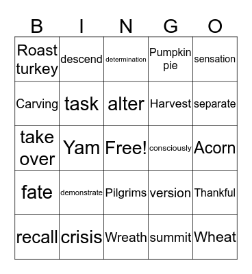 Unit 10 Thanksgiving Bingo Card