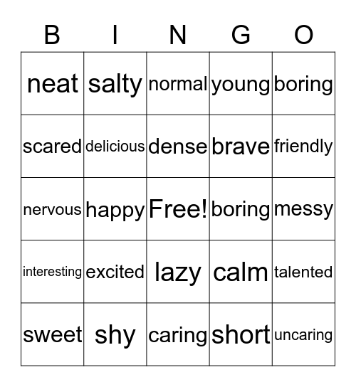 Adjectives Bingo Card