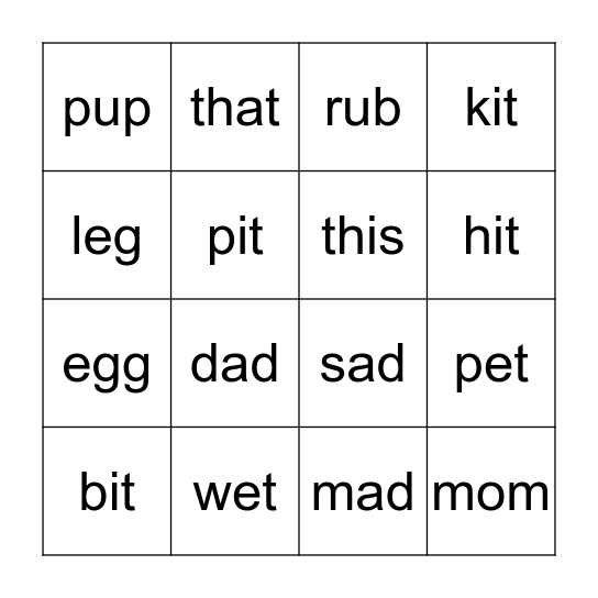 Short Vowels Bingo Card