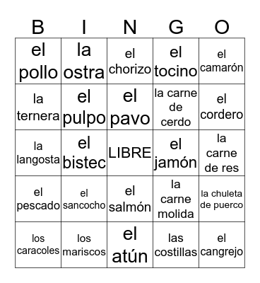 LOS MARISCOS Y LAS CARNES Bingo Card