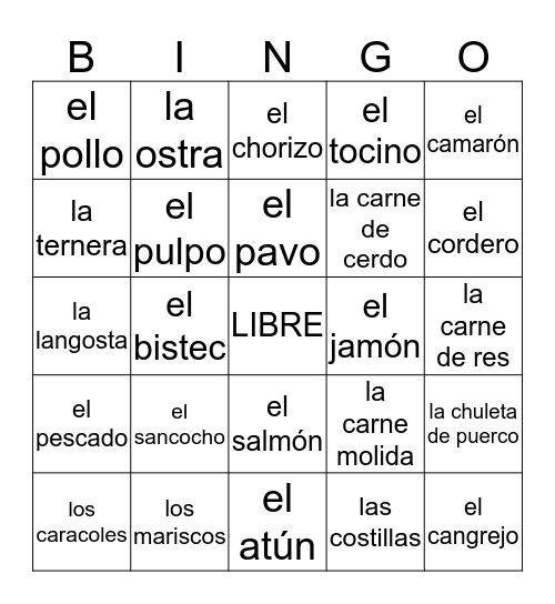 LOS MARISCOS Y LAS CARNES Bingo Card