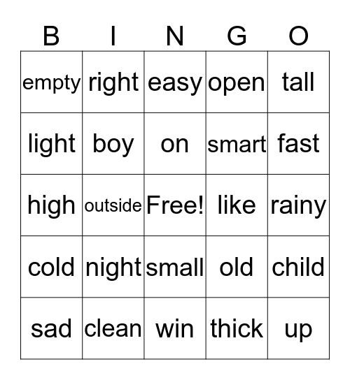 Opposites Bingo Card