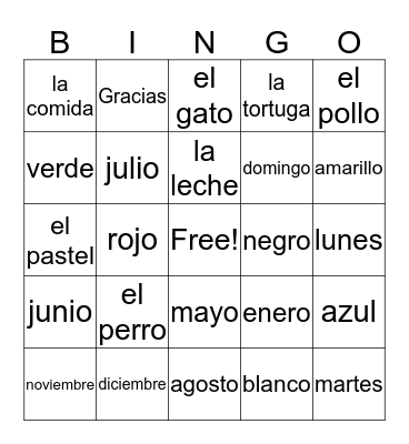 Beginner Spanish Bingo Card