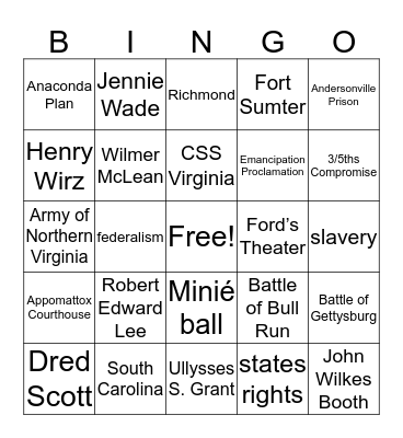American Civil War Bingo Card