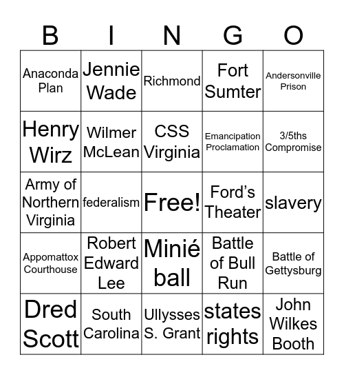 American Civil War Bingo Card