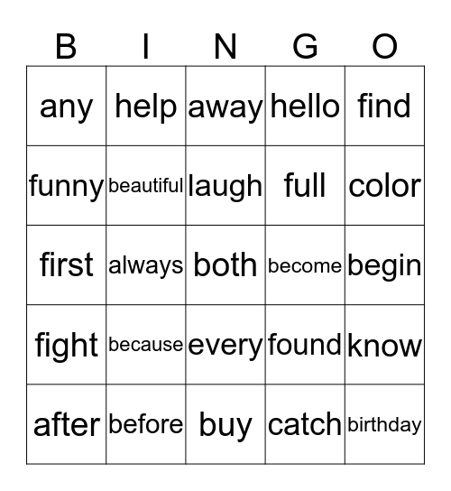 IB Tricky Words Set 1 Bingo Card