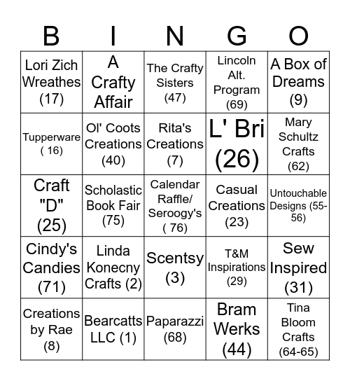 Franklin Craft Bingo Card