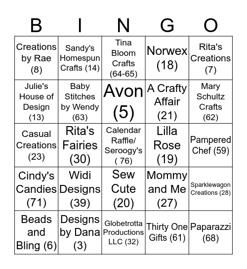 Franklin Craft Bingo Card