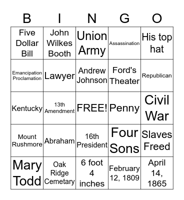 Lincoln Bingo Card