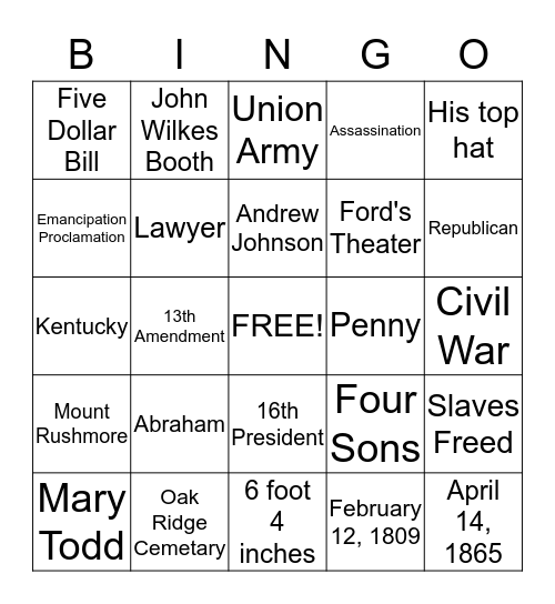 Lincoln Bingo Card