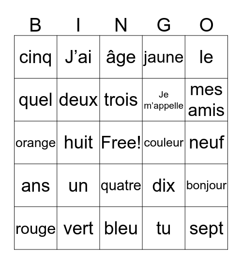 Vocabulaire français Bingo Card