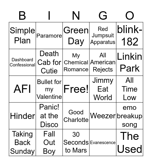 emo karaoke bingo Card