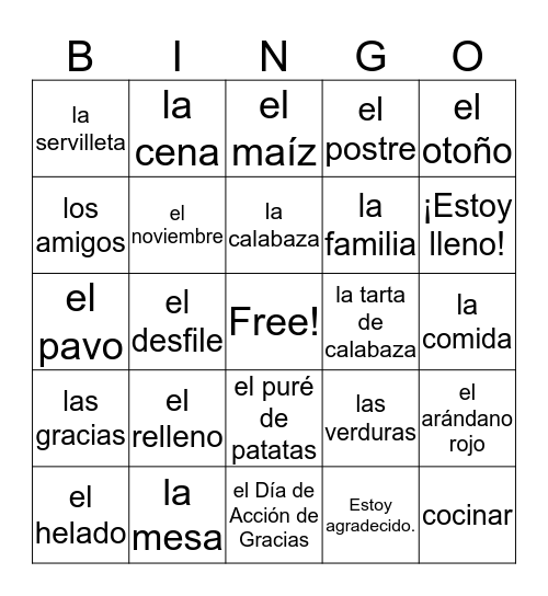 ¡Feliz Día de Acción de Gracias! Bingo Card