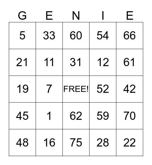 GENIE BINGO Card