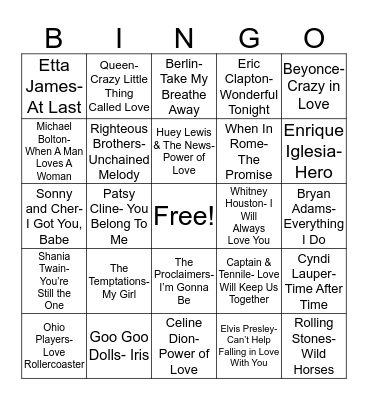 Total Quiz presents Radio Bingo: Love Songs Bingo Card