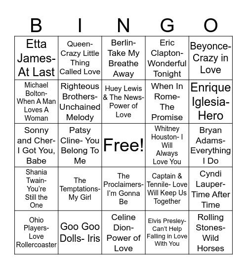 Total Quiz presents Radio Bingo: Love Songs Bingo Card