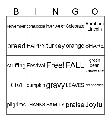 THANKSGIVING Bingo Card