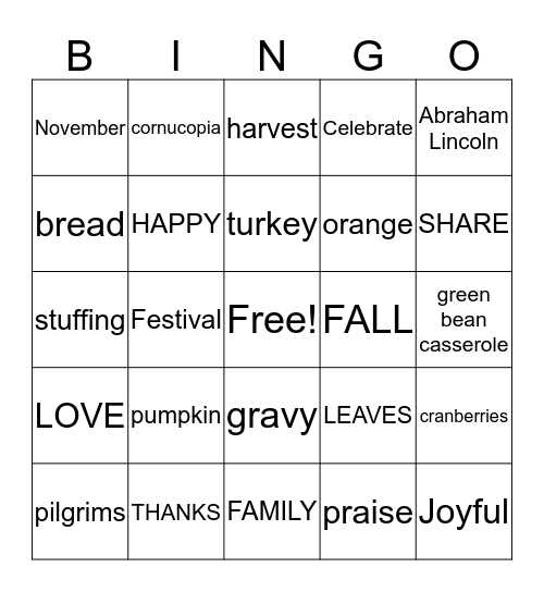 THANKSGIVING Bingo Card