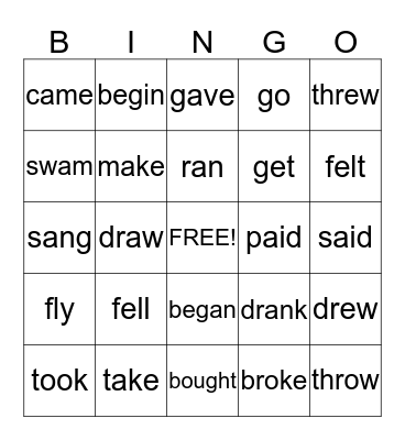 Past Tense Irregular Verbs, 1st Grade Bingo Card