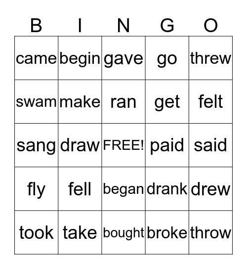 Past Tense Irregular Verbs 1st Grade Bingo Card