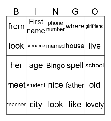 Learning Englisch Bingo Card